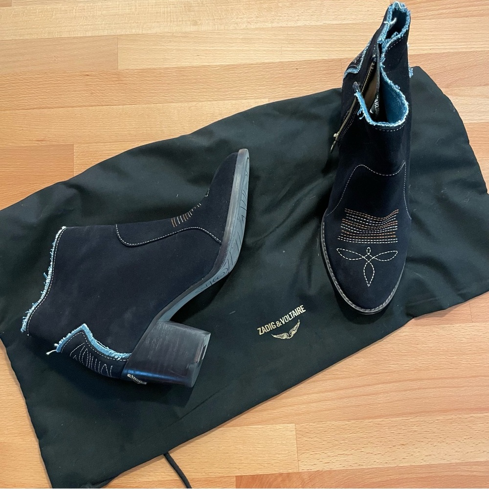 Zadig & Voltaire Molly Suede & Denim Ankle, Distressed Boots, Sz 38 With Dustbag